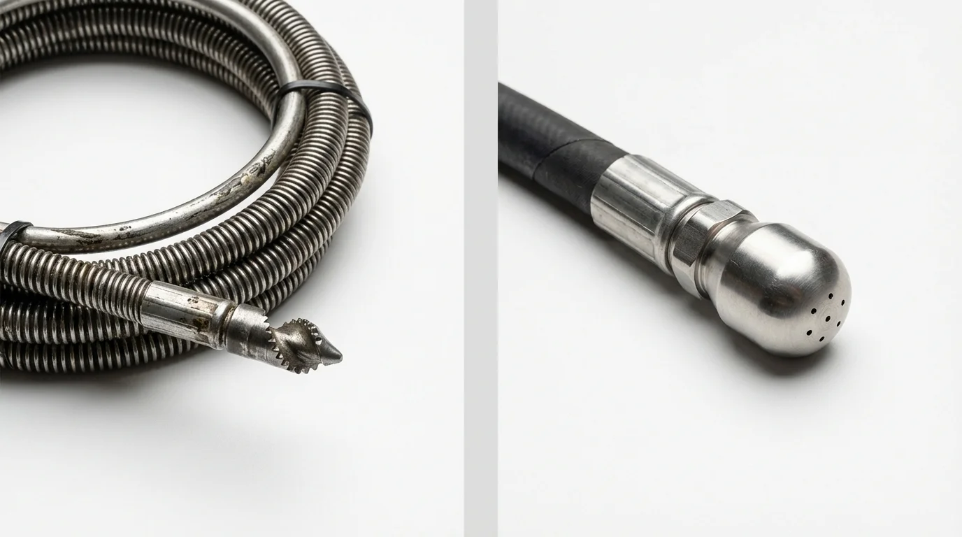 Drain snake cable and hydro jetting nozzle used for drain cleaning in Odessa, MO