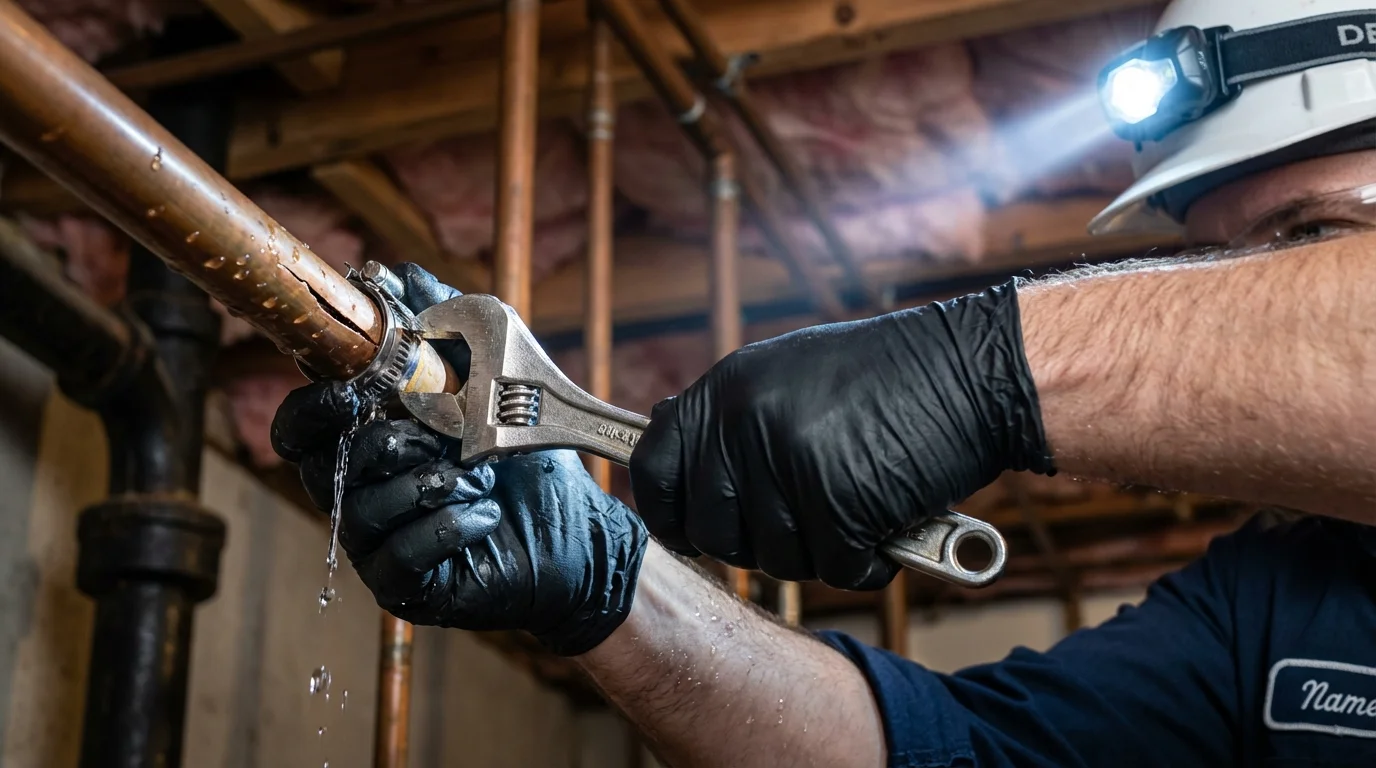 Emergency pipe clamp repair being performed by a Johns Plumbing LLC plumber in Odessa