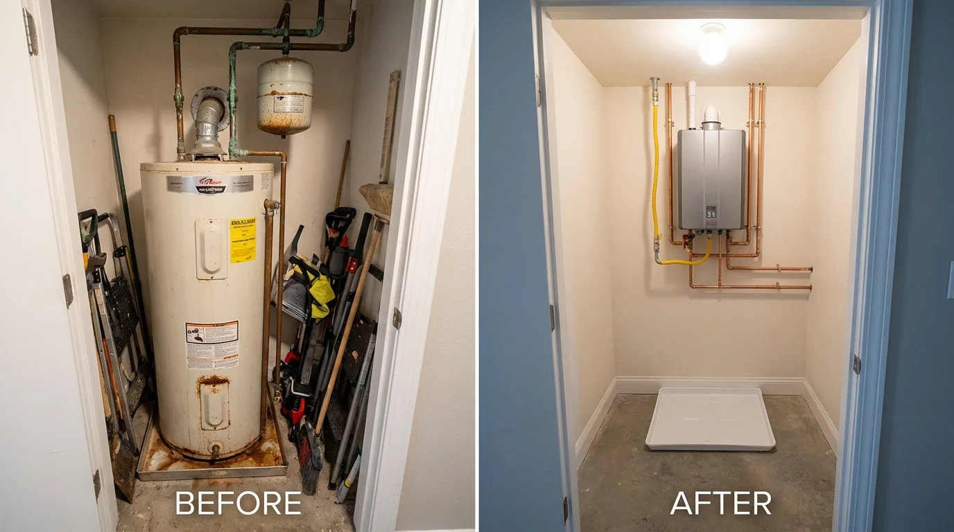 Tank water heater versus wall-mounted tankless unit comparison for Odessa, MO homeowners