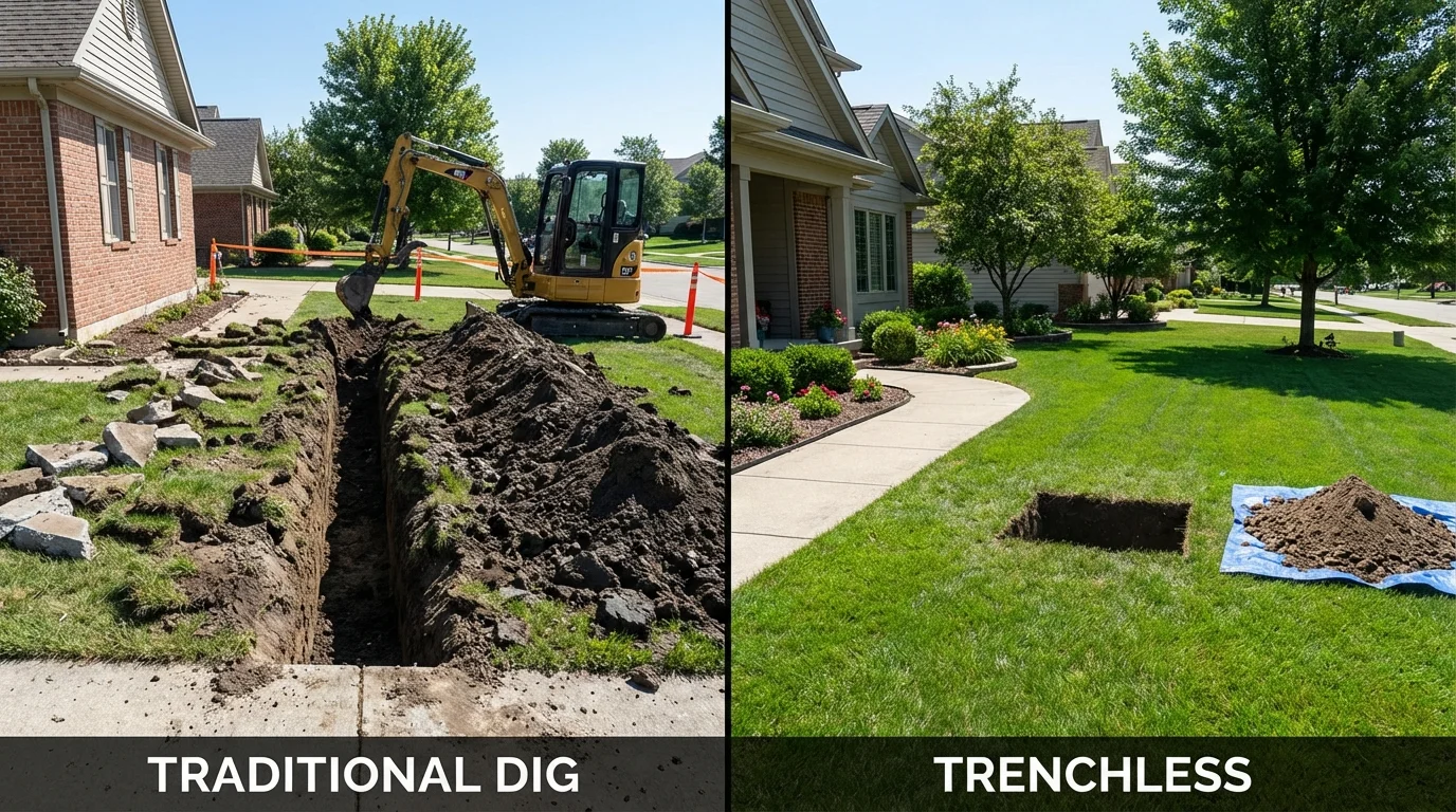 Trenchless sewer repair with minimal yard damage versus traditional excavation in Odessa, MO